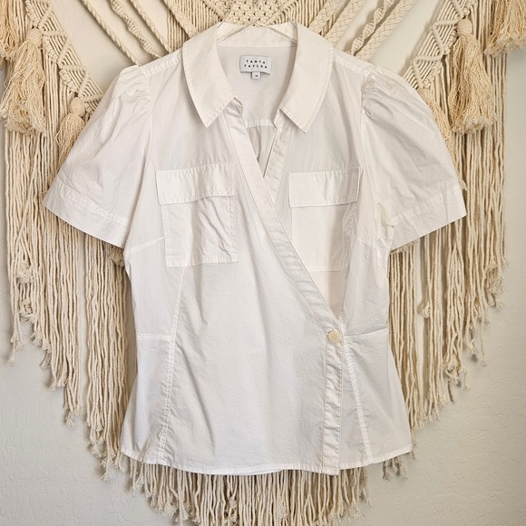 Tanya Taylor White Cotton Blend Short Puff Sleeve Wrap Blouse Sandra Top Size 14 - Picture 5 of 12